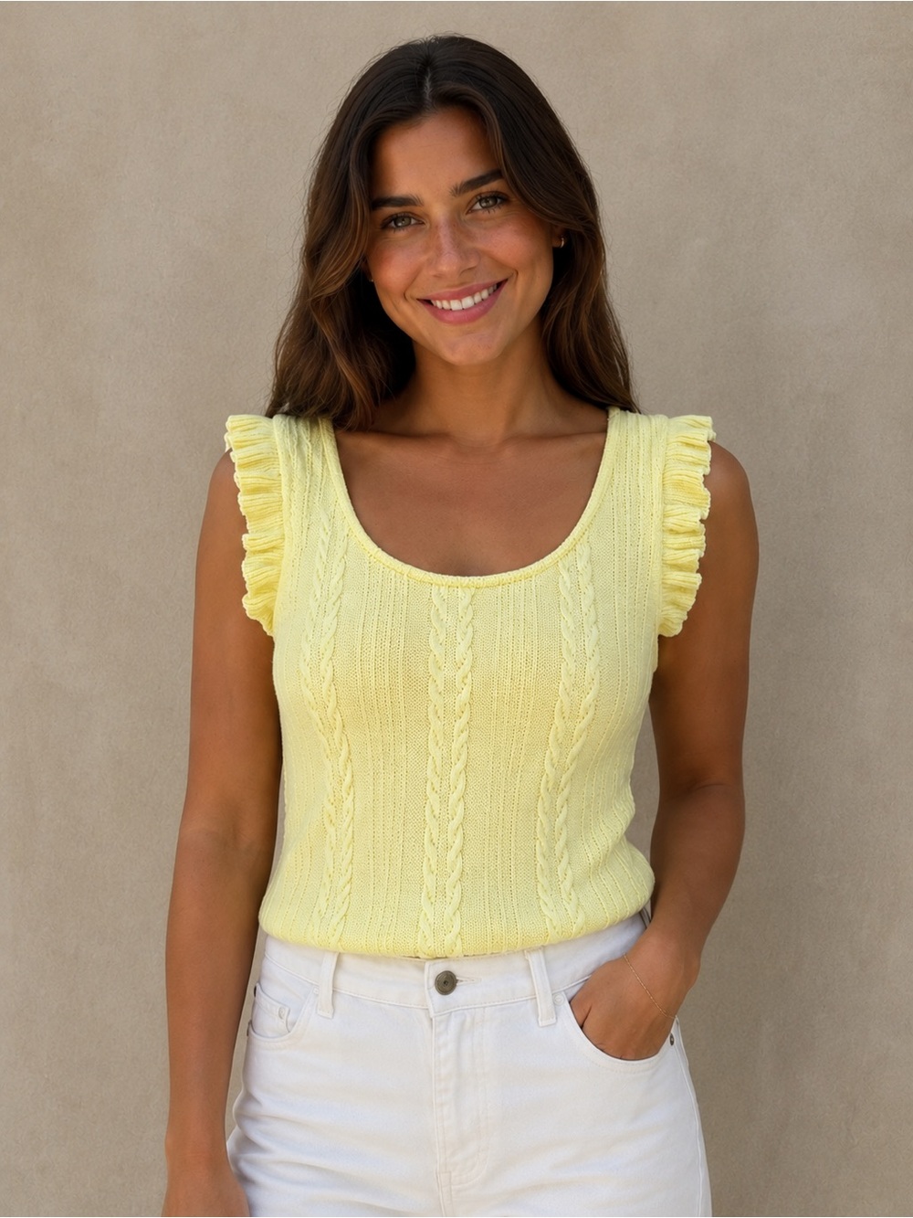 Zara Pale Yellow Cable-Knit Ruffle Tank
